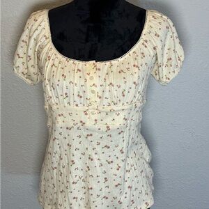 Heart Hips Cream Ribbed Scoop Neck Top with Pink Rose Print
